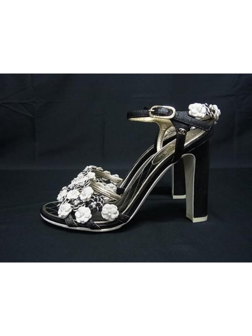Chanel CC Logo Camellia Leather Heel Sandals 36 Shoes Black - Picture 3 of 7